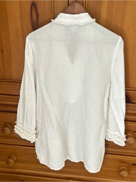 Chico’s White Linen Blend Embellished Kurta Tunic Top Pom Pom Trim Size 1 (M) - Picture 7 of 11